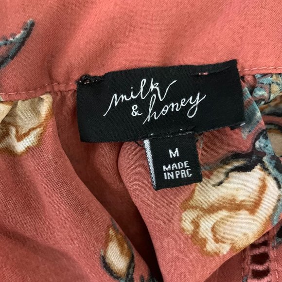 Milk & Honey Boho Floral Blouse M Dark Pink Tie Neck Sheer Balloon Sleeves - Picture 7 of 7